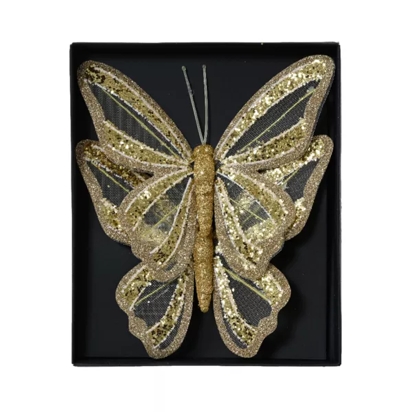 Lot de 2 Papillons sur pince (H14 cm) R�verie Or