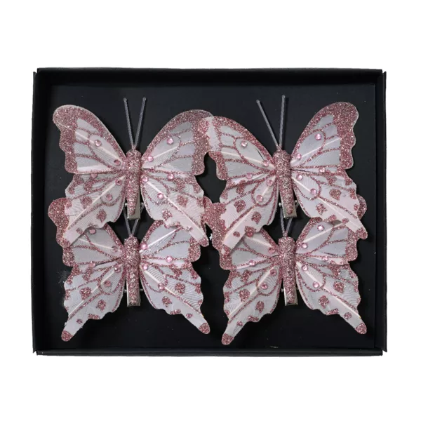 Set di 4 farfalle su pinza (H8 cm) in mini perline e rosso cipria