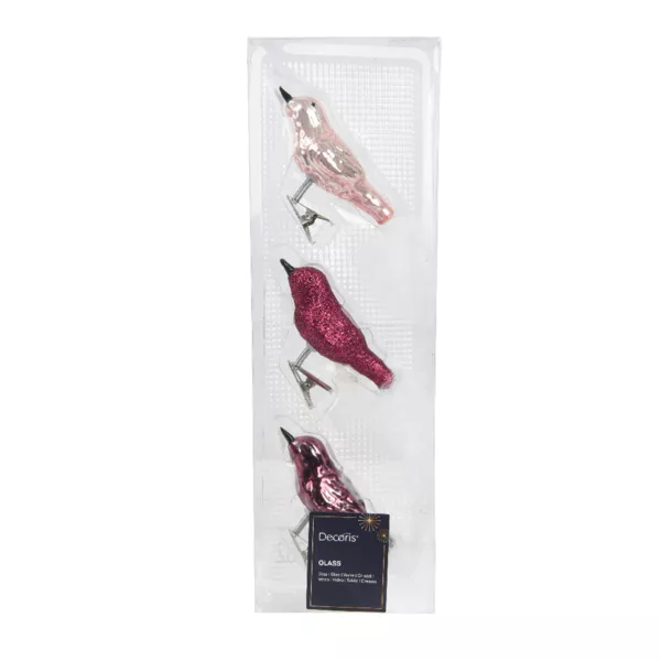 Set van 3 glazen vogels (8 cm) Kerstvogel Roze
