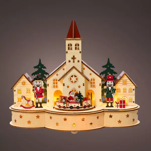 Beleuchtetes Weihnachtsdorf mit Musik aus Holz batteriebetrieben (30 x H24 cm) �glise et casse-noisette