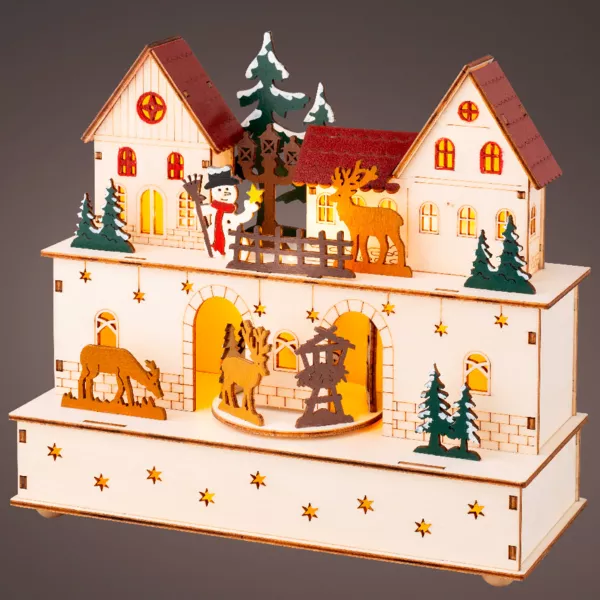 Houten licht- en muziek Kerstdorp op batterijen (24 x H21 cm) Dorp en dieren
