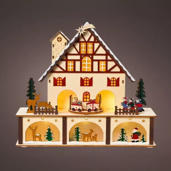 Villaggio di Natale in legno luminoso e musicale a pile (27 x H24 cm) Chalet Svizzero Colorato