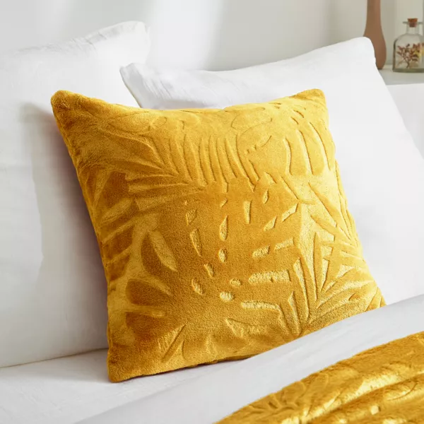 Coussin carr� flanelle (45 x 45 cm) Flore Jaune moutarde