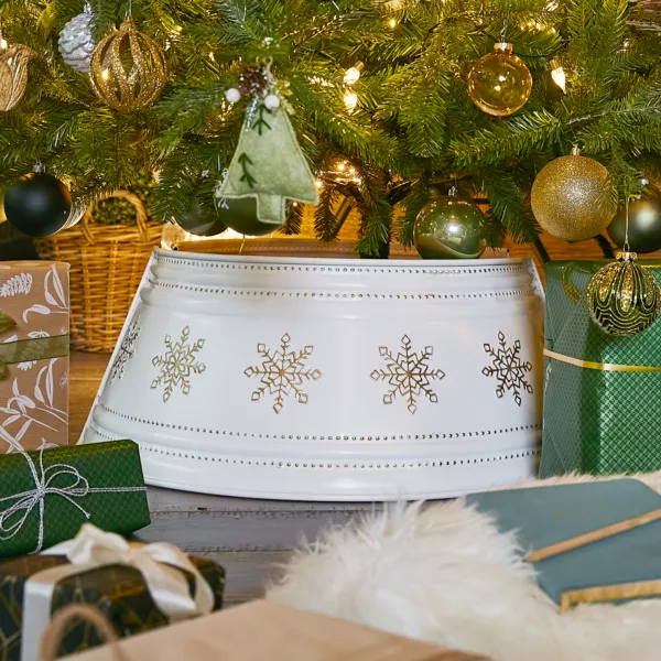 Cache pied de sapin en m�tal (D57 cm) Blanc et Flocons dor�s
