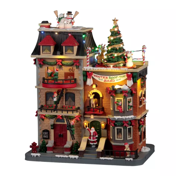 Beleuchtetes, musikalisches und belebtes Lemax Weihnachtsdorf Weihnachtsfeier des Weihnachtsmanns auf den D�chern