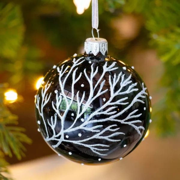 6er Set Weihnachtskugeln aus Glas (D80 mm) Winterzweige Schwarz