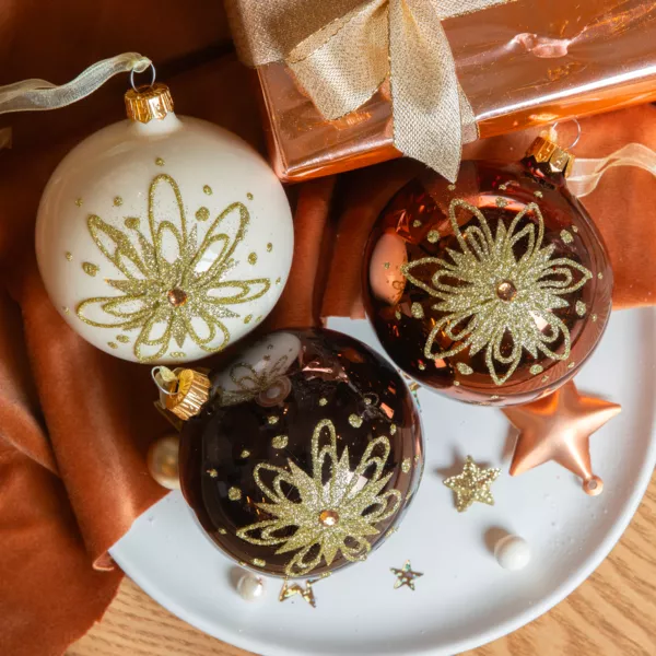 Set di 6 palline di Natale in vetro (D80 mm) Petali dorati Nero tartufo