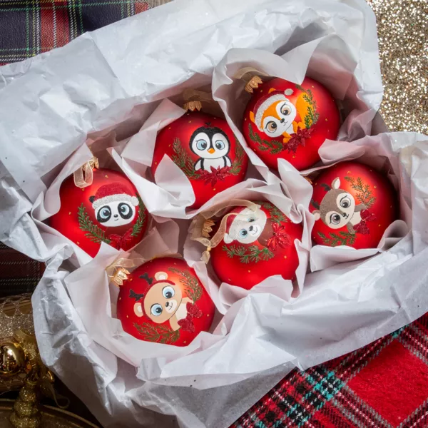 6er Set Weihnachtskugeln aus Glas (D80 mm) Tiere Rehaugen