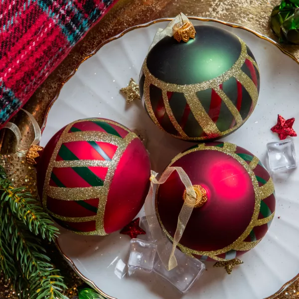 Lote de 6 bolas de Navidad de vidrio (D80 mm) Cuadros Verde y rojo