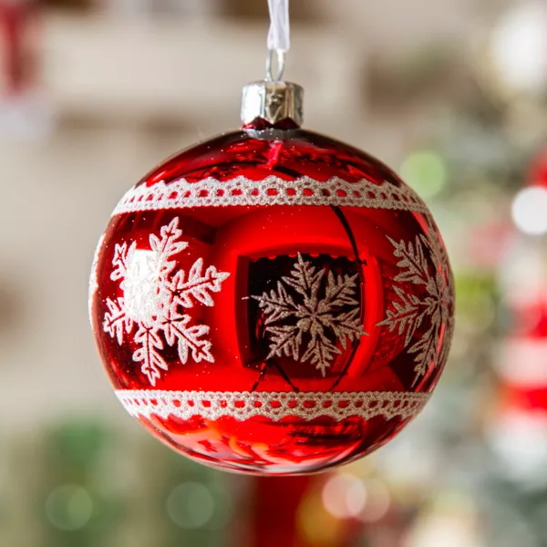 Set van 6 glazen kerstballen (D80 mm) Winter Sneeuwvlokken Rood