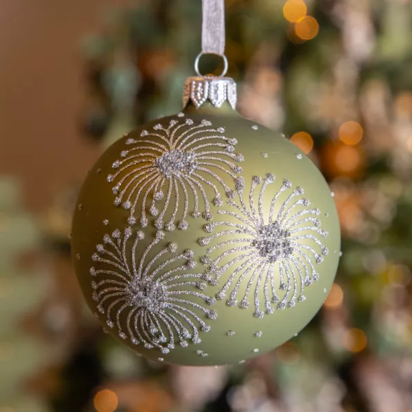 6er Set Weihnachtskugeln aus Glas (D80 mm) Feuerwerk Rosmaringr�n