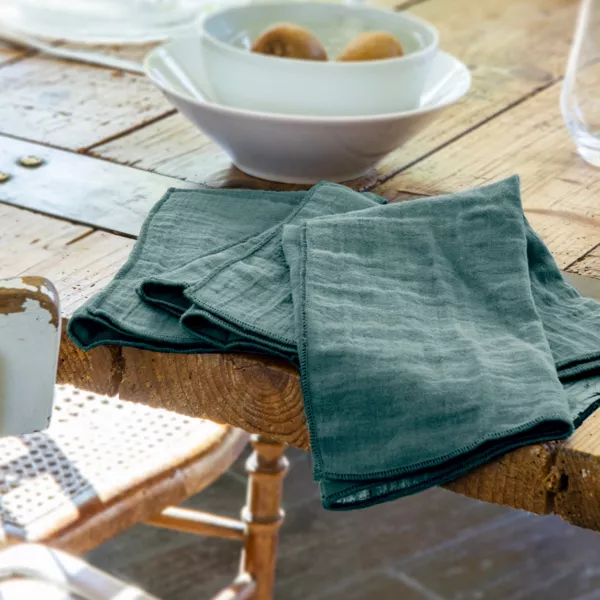 Lot de 3 serviettes gaze de coton (40 x 40 cm) Ga�a Bleu canard