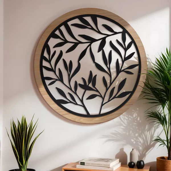 Runde Wanddekoration Metall (D60 cm) Bl�tterwerk Schwarz