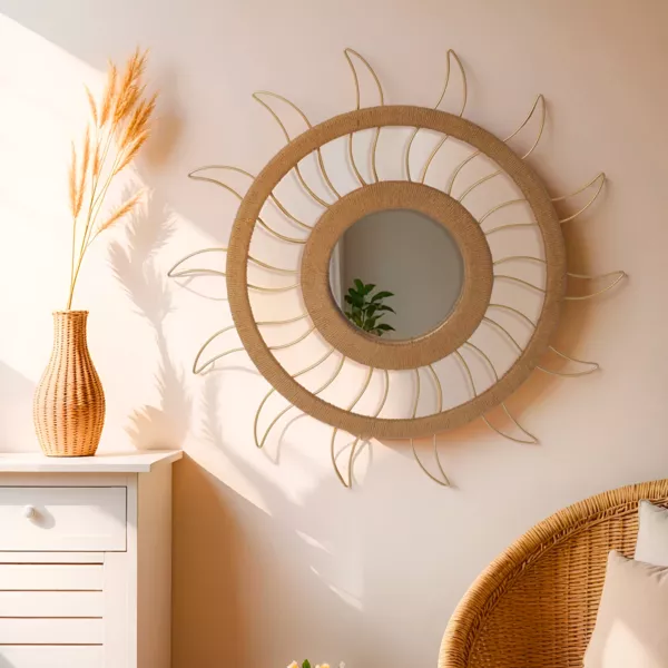Miroir et d�coration murale chanvre (D75 cm) Sun Beige