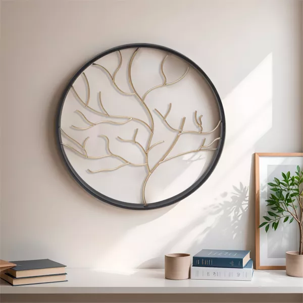 Decorazione murale rotonda in metallo (D28 cm) Albero contemporaneao Nero e dorato