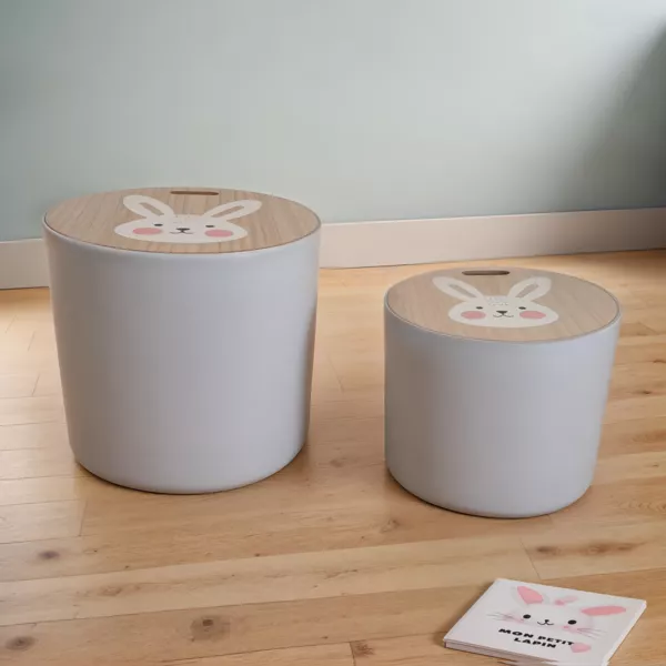 Lots de 2 poufs de rangement gigognes enfant bois (H31 et 24 cm) Lapin Gris