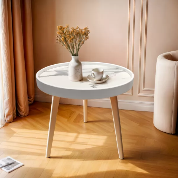 Tavolino rotondo effetto marmo (Alt 43 cm) D�a Bianco