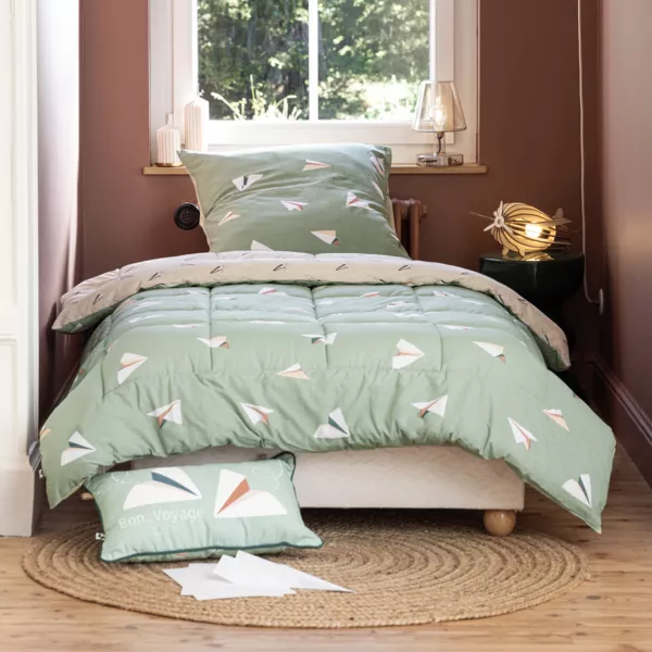 Couette imprim�e enfant et une taie d'oreiller (140 x 200 cm) Petits papiers Verte