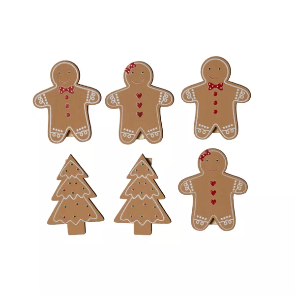 Lot de 4 bonhommes et 2 sapins (H12 cm) Pain d'�pices en bois
