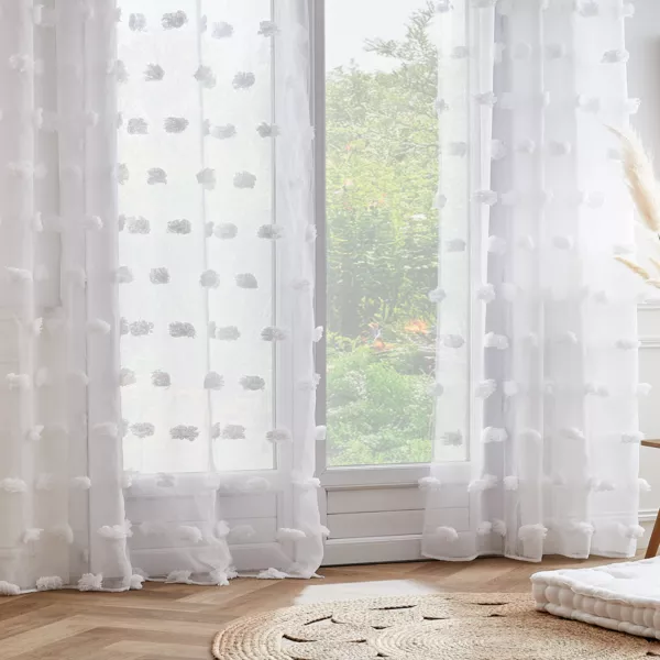 Tenda trasparente con occhielli  pon pon (140 x 280 cm) Suzie Bianco
