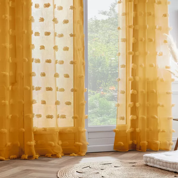 Vitrage met ringen en pompons (140 x 240 cm) Suzie Mosterdgeel
