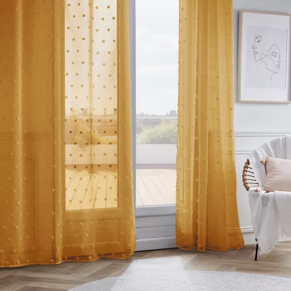 Vitrage met ringen en pompons (140 x 240 cm) Emie Mosterdgeel