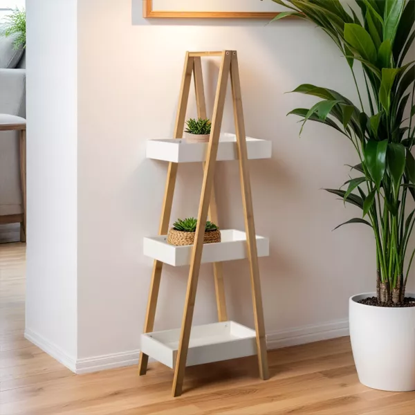 Holz- und Bambusregal (H84 cm) Pyramide 3 Ebenen Wei�