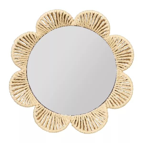 Espejo de pared redondo de rat�n (29 cm) Flor Beige