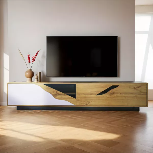 TV-M�bel aus Holz Design (L180 x 40 cm) Florida Wei�, Schwarz und Naturfarben 