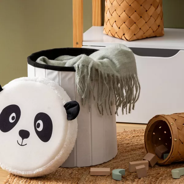 Pouf pieghevole con vano portaoggetti per bambini (H38 cm) Panda Nero