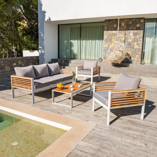 Salon de jardin aluminium et bois teck 5 places Bali Blanc et gris clair