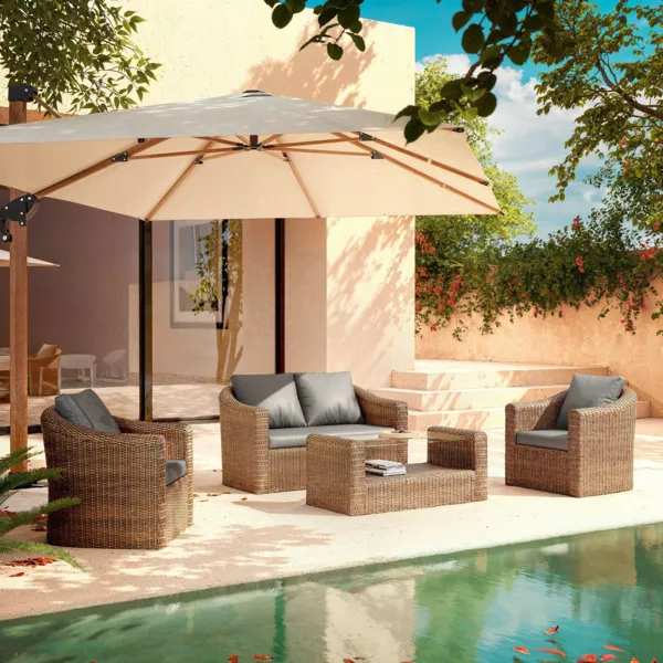 Salon de jardin en r�sine tress�e 4 places 4 pcs Calvi Sepia et gris fonc�