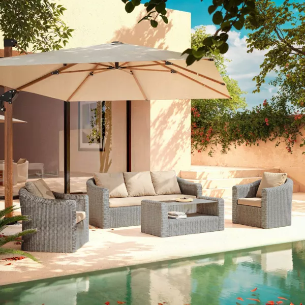 Salon de jardin en r�sine tress�e 5 places 4 pcs Calvi Gris et taupe