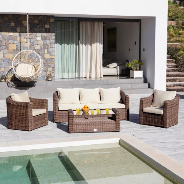 Salon de jardin en r�sine tress�e 5 places 4 pcs Calvi Sepia et beige