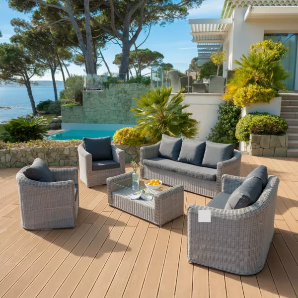 Salotto da giardino in resina intrecciata 7 posti 5 pezzi Calvi Grigio e grigio scuro