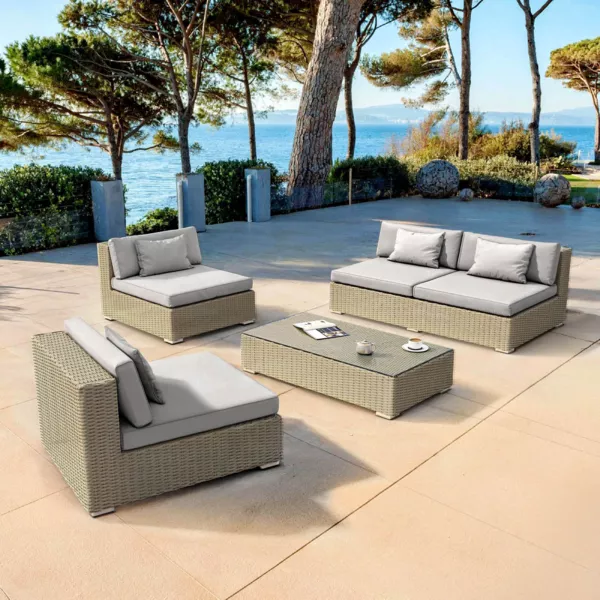 Salon de jardin en résine tressée 4 places 4 pcs Palma Gris
