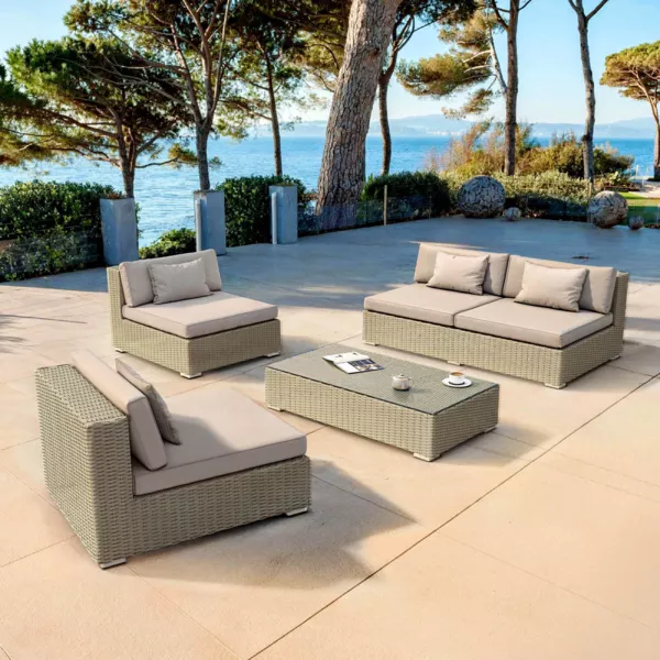 Salon de jardin en résine tressée 4 places 4 pcs Palma Gris et taupe