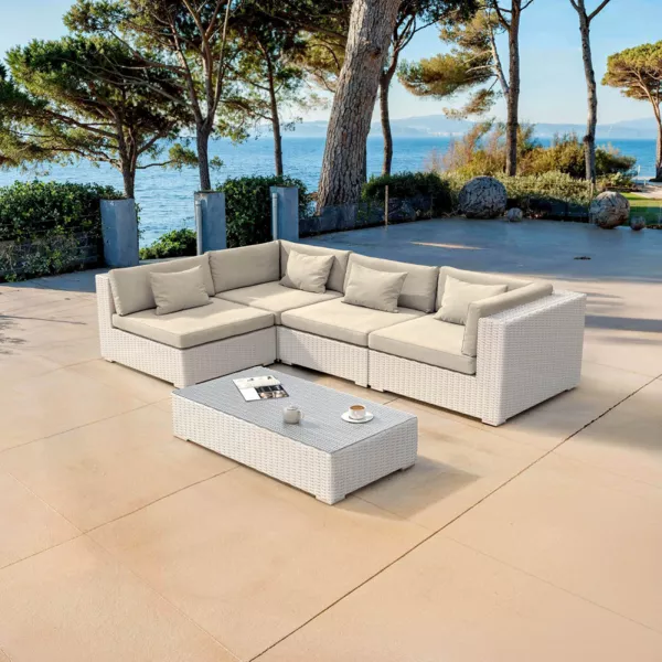 Salon de jardin en r�sine tress�e 4 places 5 pcs Palma Blanc et beige