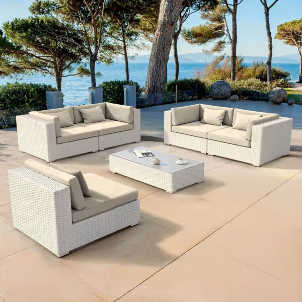 Salon de jardin en r�sine tress�e 5 places 6 pcs Palma Blanc et beige