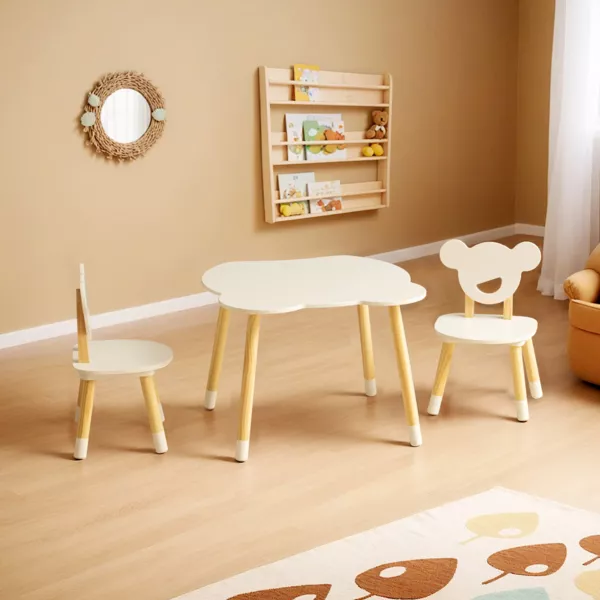 Tafel en 2 houten kinderstoelen (H44 cm) Beertjes Wit