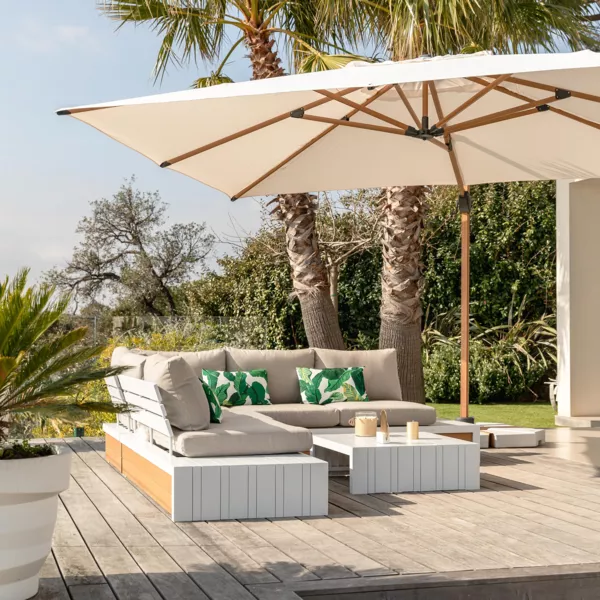 Parasol d�port� rectangulaire aluminium (4 x 3 m) Yucatan effet Bois et blanc