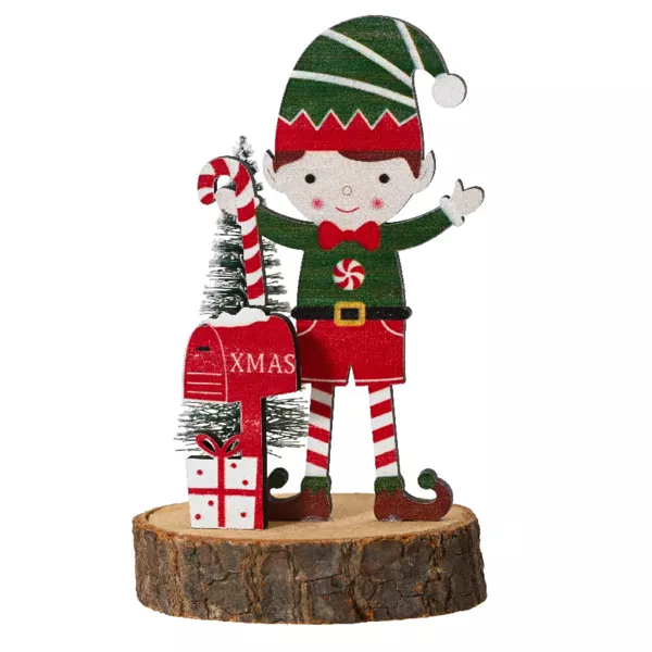 Folletto in legno su Tronco in legno (H13 cm) Albert Multicolore