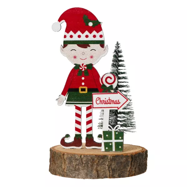 Folletto in legno su Tronco di legno (H13 cm) Quentin Multicolore