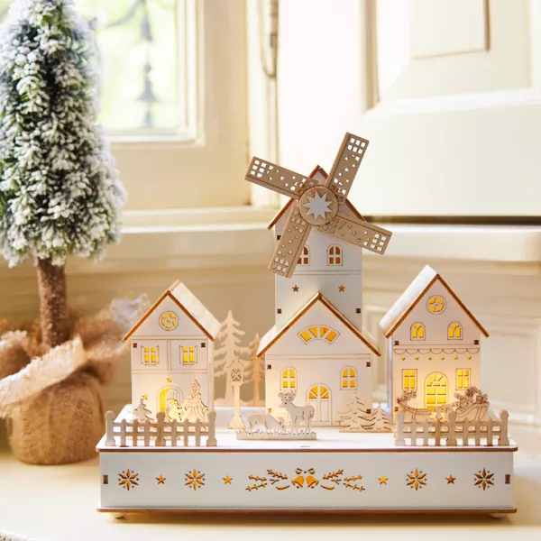 Villaggio di Natale in legno luminoso, musicale e animato a pile (H26 cm) Mulino e borgo