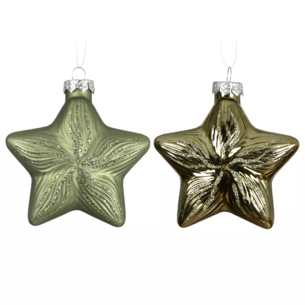 Lot de 2 suspensions de No�l en verre (H10 cm) �toiles C�leste Vert romarin