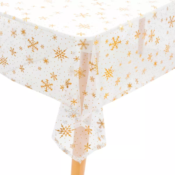 Nappe de No�l rectangulaire (140 x 240 cm) Flocon de Neige Blanc et or