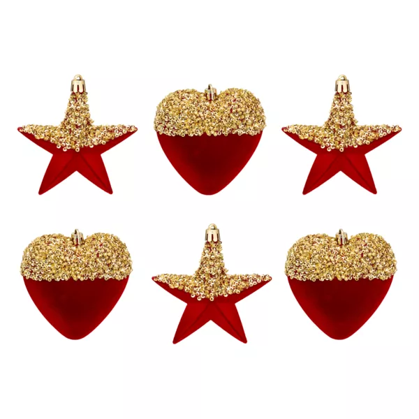 Set van 6 hangdecoraties (H15 cm) Harten en sterren met glitters Rood en Goud