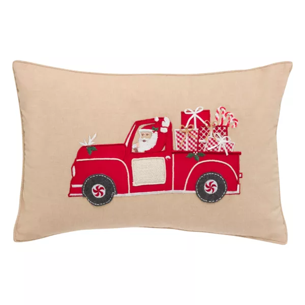 Kerstkussen rechthoekig (59 x 39 cm) Kerstman's Auto Rood en beige
