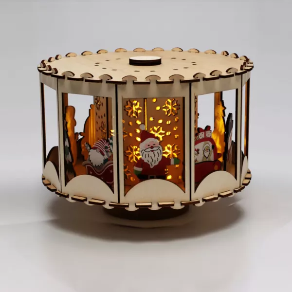 Animeret og lysende julelandsby i tr�, batteridrevet (20 x H14 cm) Fortryllende karussel