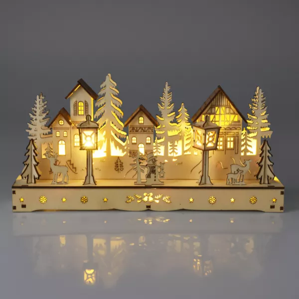 Villaggio di Natale in legno luminoso a pile (29 x H14 cm) Piazza incantata Naturale